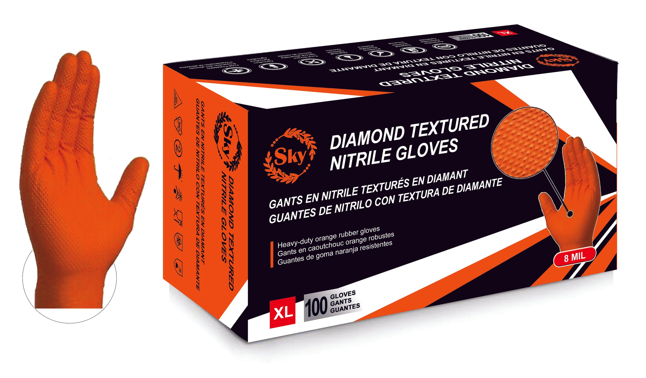 Orange Diamond Textured Nitrile Gloves (8MIL)